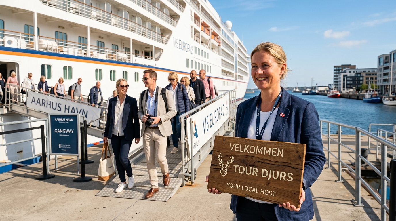 Tour Djurs local host meeting cruise passengers at Aarhus Harbour gangway