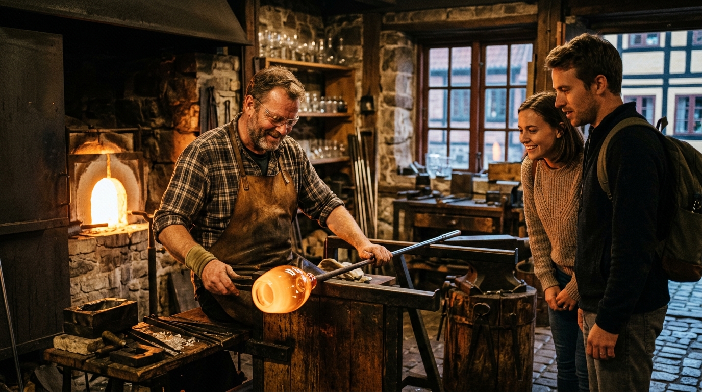Master glassblower shaping molten glass in historic Ebeltoft