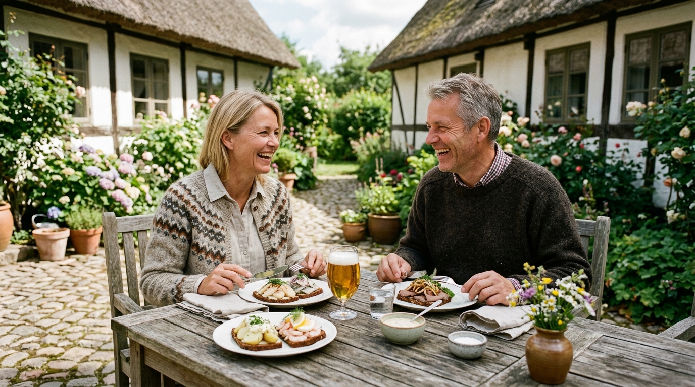 Gæster nyder autentisk dansk frokost med smørrebrød i idyllisk gårdhave